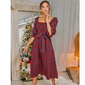 NWT Cupshe Women's Square Neck Tartan Belted Plaid Maxi Dress Size XL